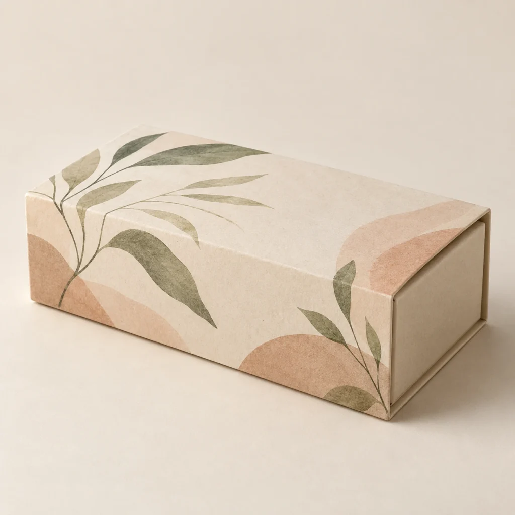 AI concept: botanical-patterned open-ended packaging sleeve around an ivory inner pack, catalog view.