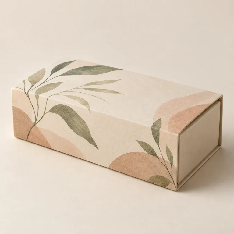 AI concept: botanical-patterned open-ended packaging sleeve around an ivory inner pack, catalog view.