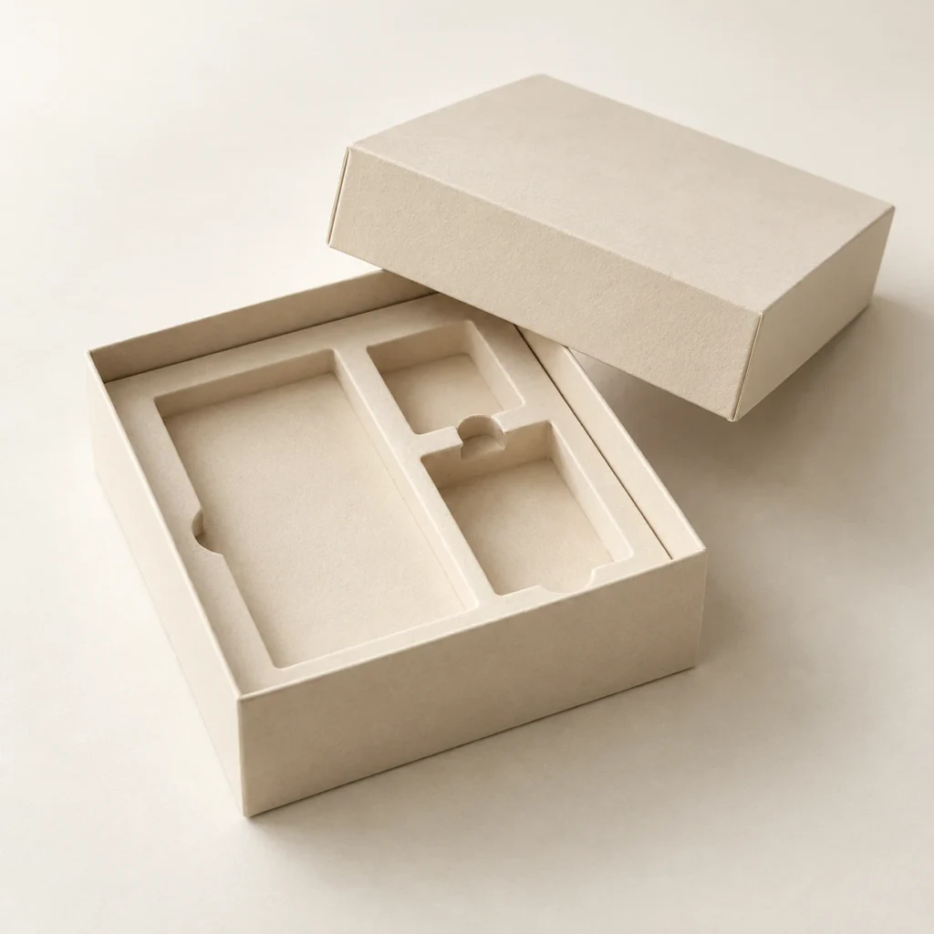 AI concept: ivory rectangular box with a compartmented inner fitment, catalog view.
