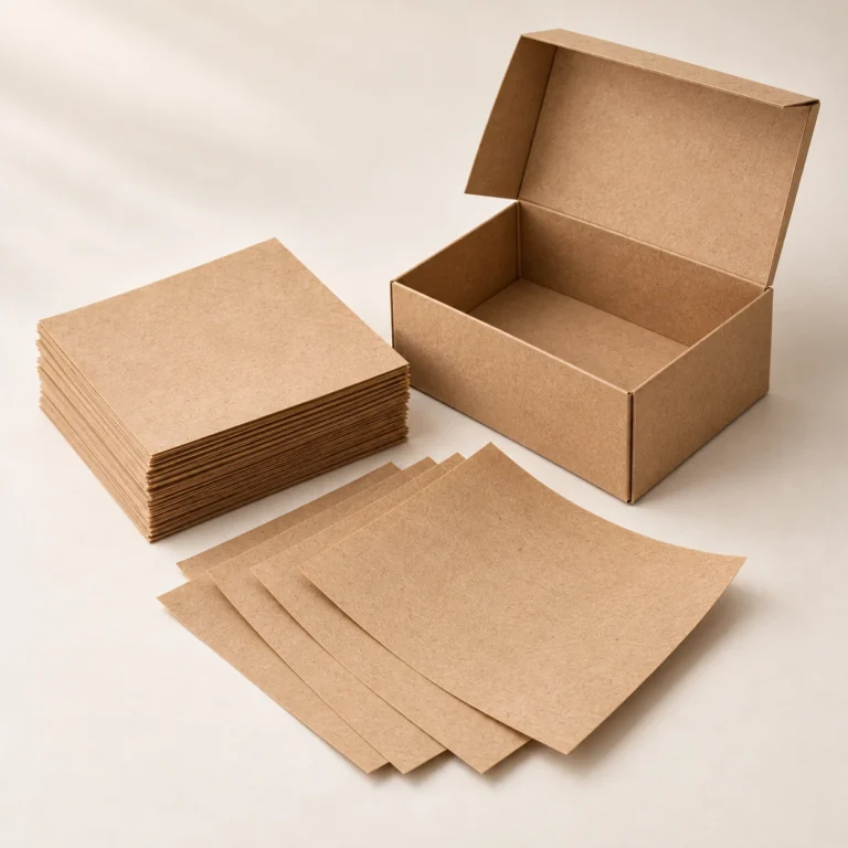 AI concept: alternate view of brown kraft sample sheets beside a brown carton.