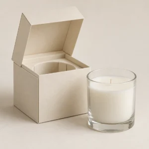 AI concept: ivory candle box with a fitted interior and a clear glass candle jar, catalog view.