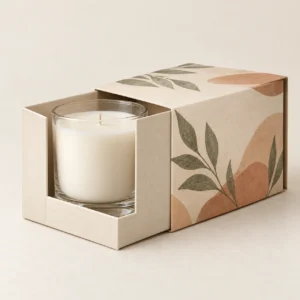 AI concept: botanical-patterned candle sleeve and a clear glass jar candle, alternate view.
