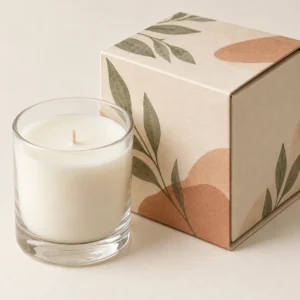 AI concept: botanical-patterned candle sleeve and a clear glass jar candle, detail view.
