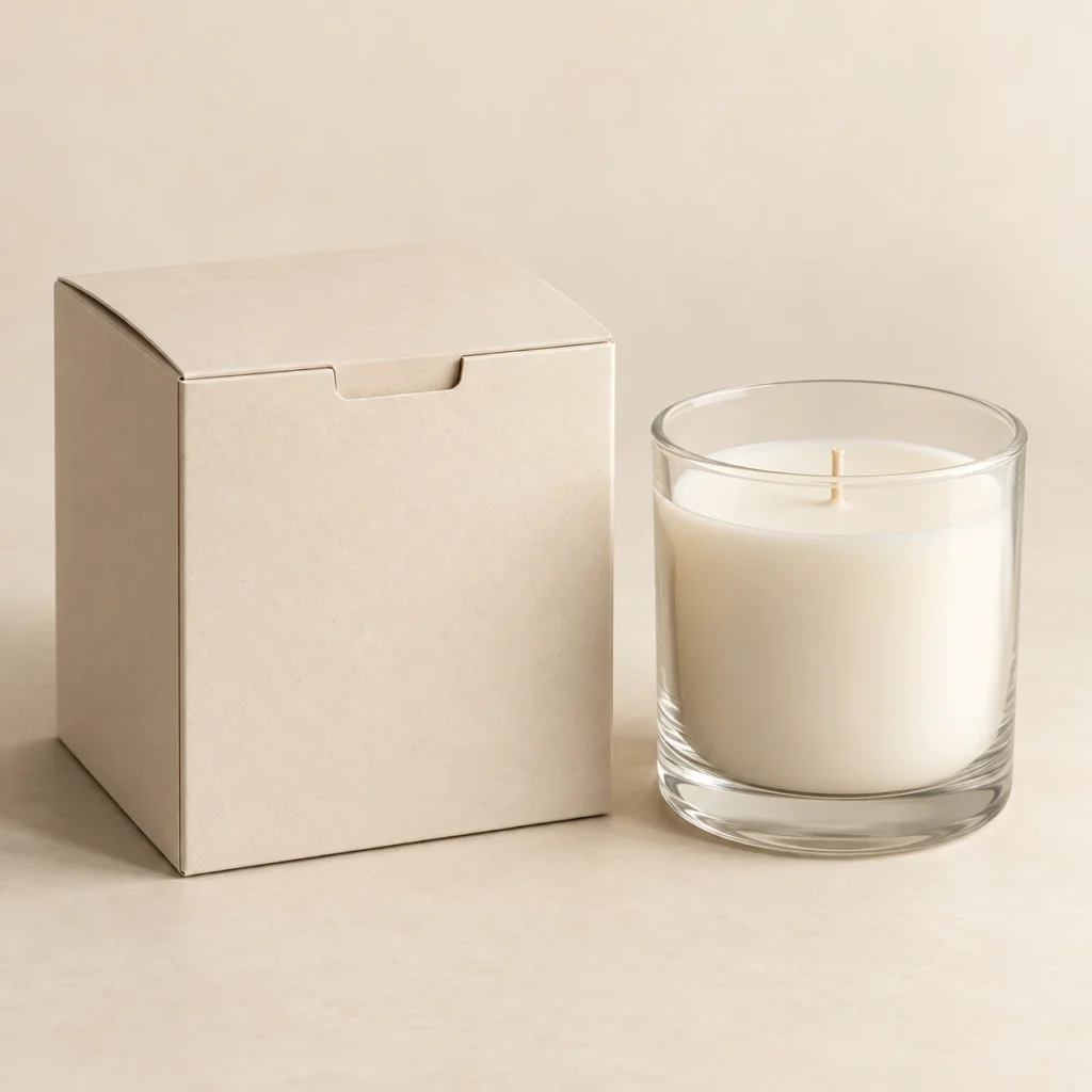 AI concept: ivory rectangular jar-candle carton with a clear glass candle jar, catalog view.