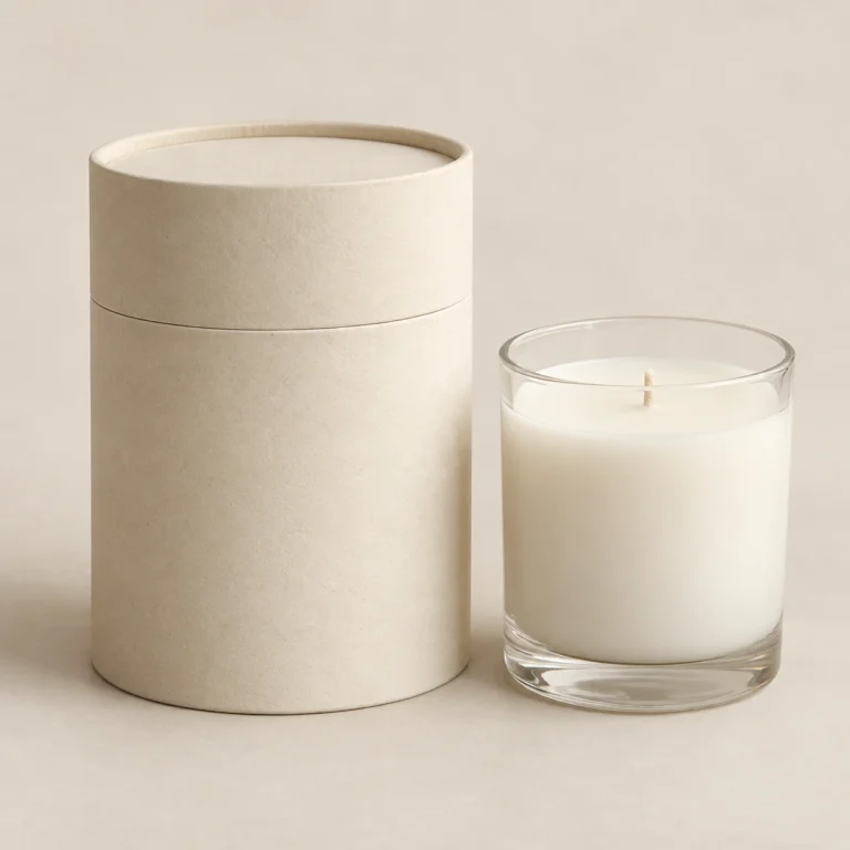 AI concept: ivory cylindrical candle pack with a round lid and a glass candle jar, catalog view.