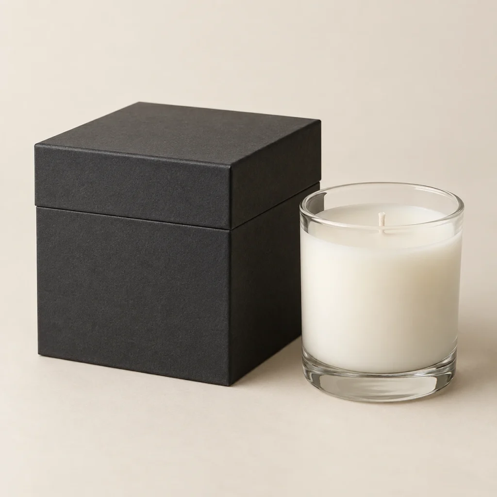 AI concept: charcoal rectangular candle box with a clear glass jar candle, catalog view.