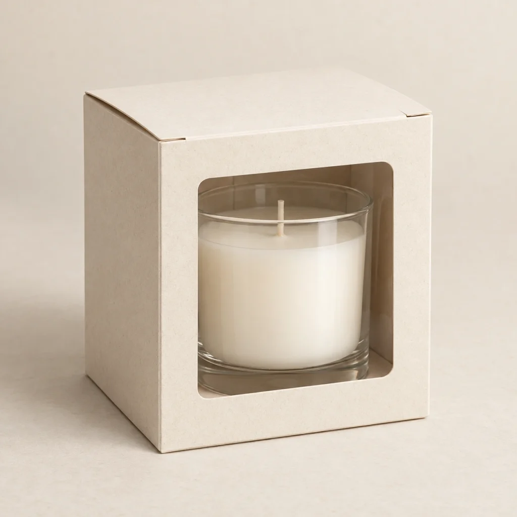 AI concept: ivory candle carton with a large front window and a visible glass jar, catalog view.