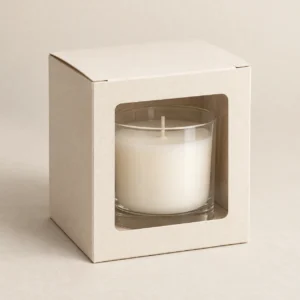 AI concept: ivory candle carton with a large front window and a visible glass jar, catalog view.