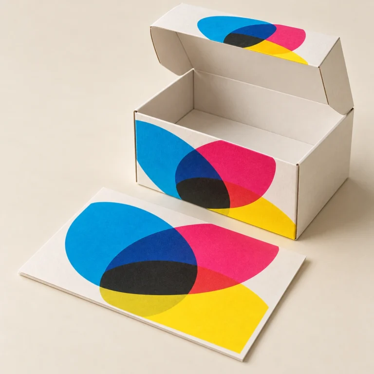 AI concept: alternate view of an ivory carton and flat printed sample with overlapping cyan, magenta, yellow and dark geometric shapes.