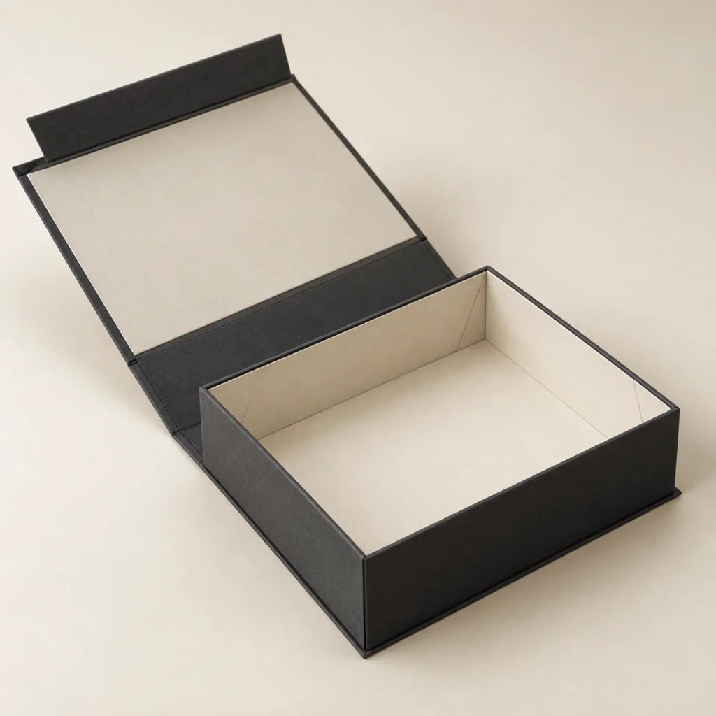 AI concept: charcoal rectangular presentation box with an open connected cover, catalog view.