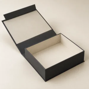 AI concept: charcoal rectangular presentation box with an open connected cover, catalog view.