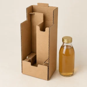 AI concept: brown fluted-board fitment with folded bottle supports, catalog view.