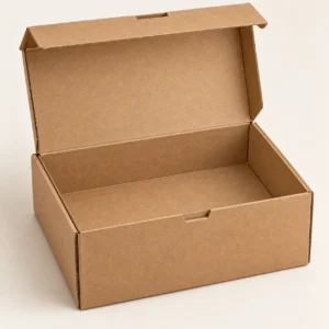 AI concept: brown rectangular shipping carton with closed top flaps, alternate view.