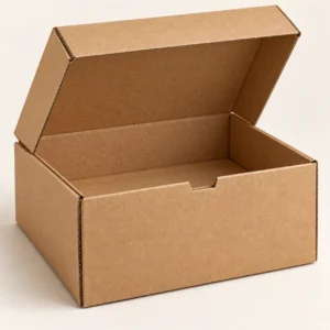 AI concept: brown rectangular shipping carton with closed top flaps, detail view.