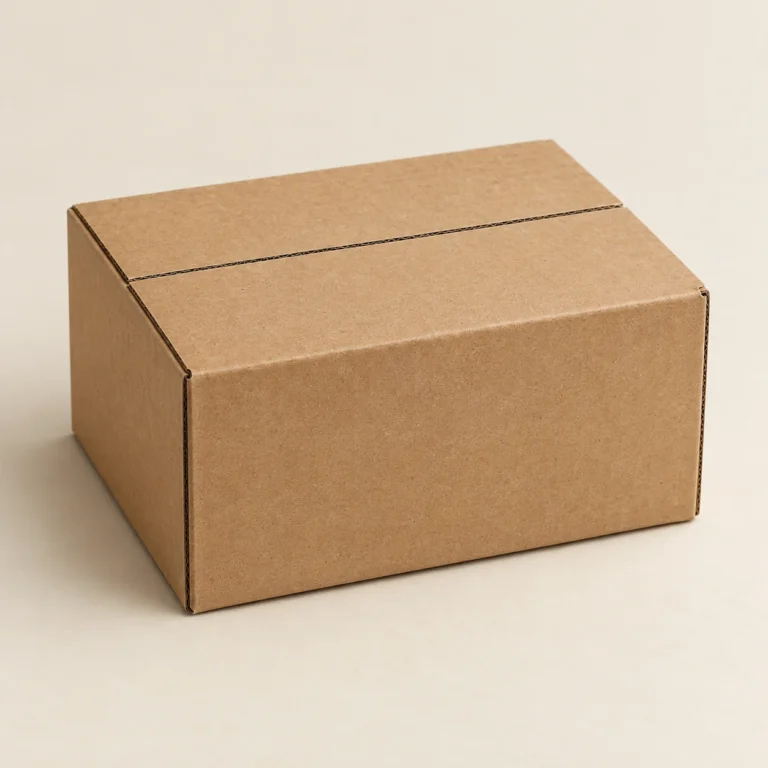 AI concept: a closed brown corrugated shipping carton with two top flaps meeting at a straight centre seam.