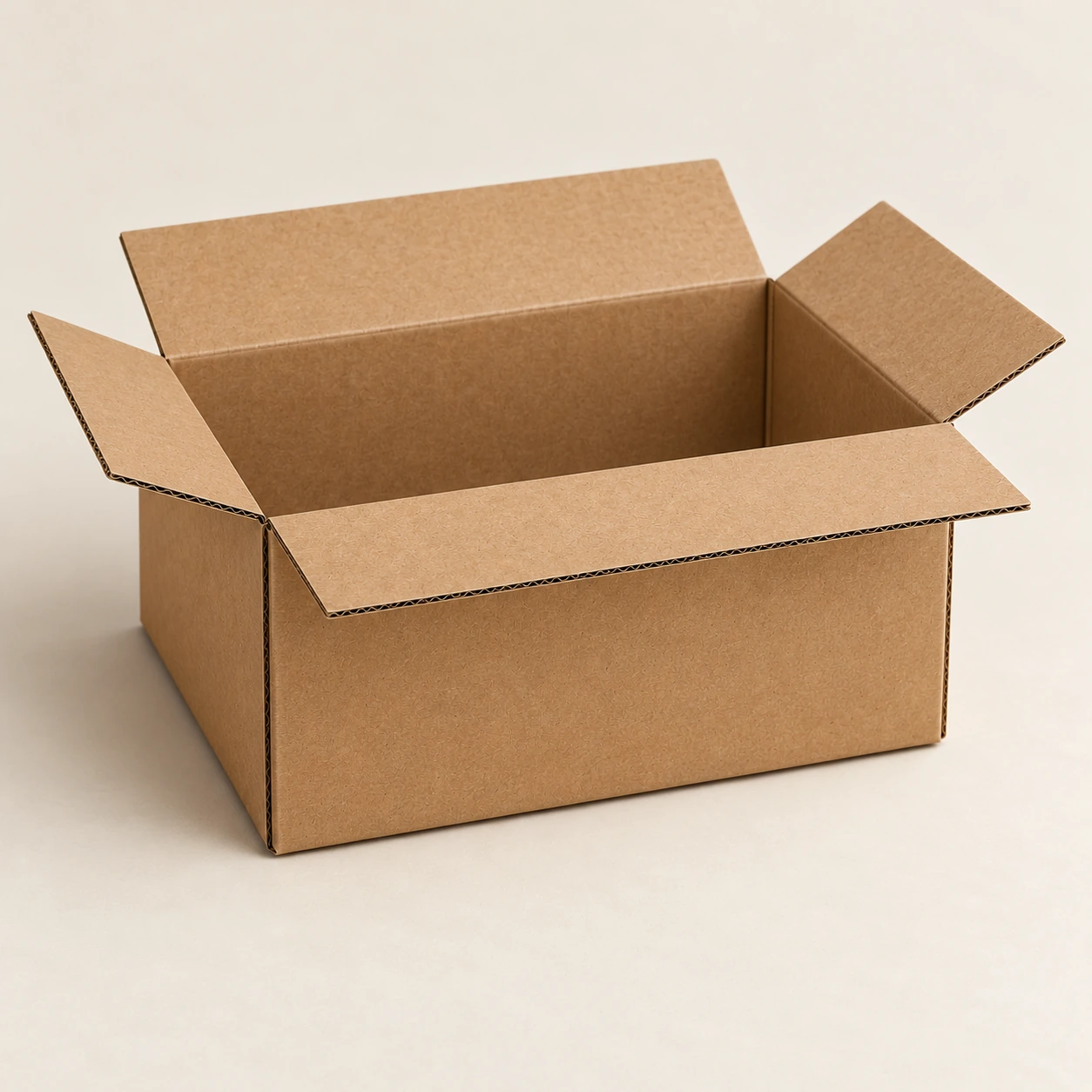 AI concept: alternate view of a closed brown corrugated shipping carton with two top flaps meeting at a straight centre seam.