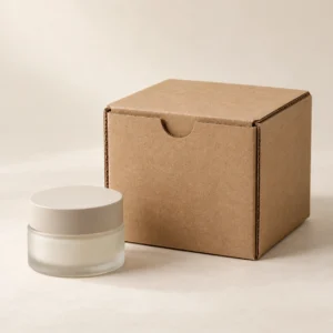 AI concept: brown cosmetic mailer with a light-coloured cosmetic jar, catalog view.