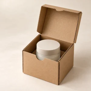 AI concept: brown cosmetic mailer with a light-coloured cosmetic jar, alternate view.