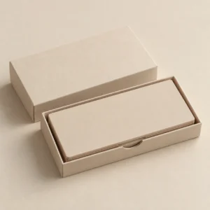 AI concept: slim ivory rectangular palette-style box with a shallow inner tray, catalog view.