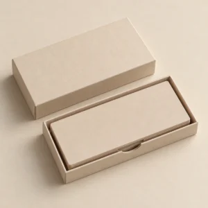 AI concept: slim ivory rectangular palette-style box with a shallow inner tray, alternate view.