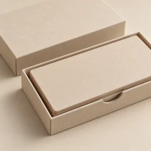 AI concept: slim ivory rectangular palette-style box with a shallow inner tray, detail view.