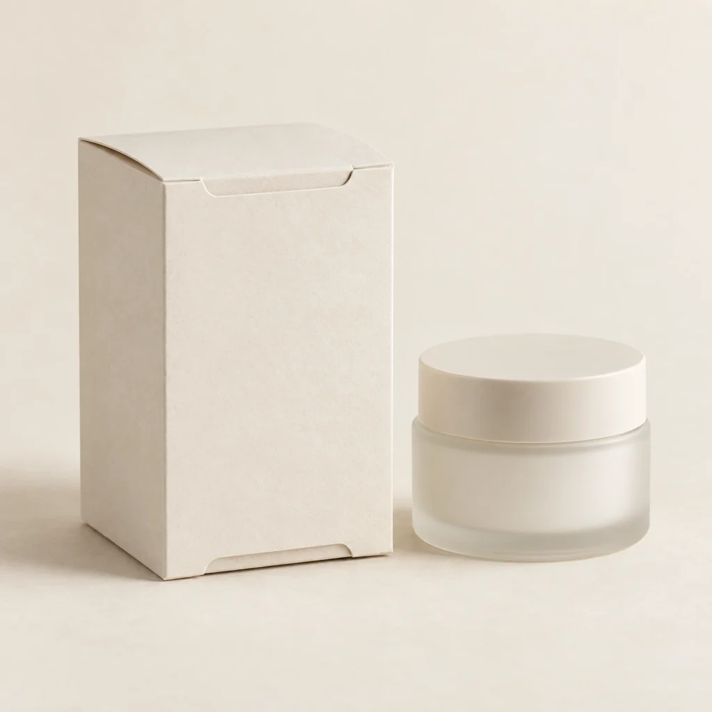 AI concept: ivory folding cosmetic carton with a light-coloured cosmetic jar, catalog view.