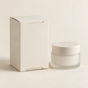 AI concept: ivory folding cosmetic carton with a light-coloured cosmetic jar, catalog view.