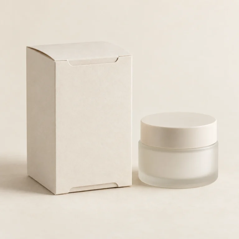 AI concept: ivory folding cosmetic carton with a light-coloured cosmetic jar, catalog view.