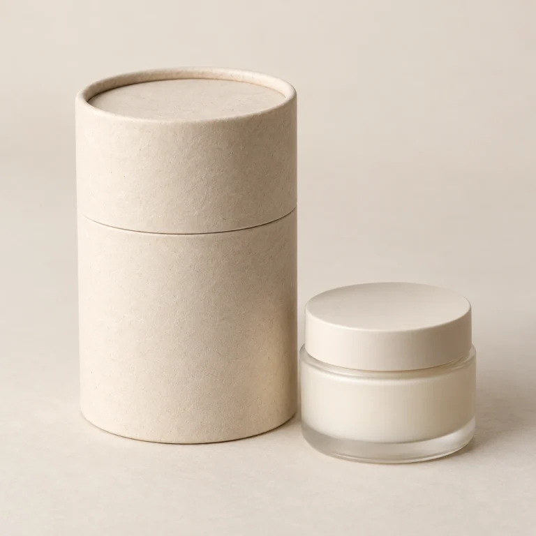 AI concept: ivory cylindrical cosmetic pack with a light-coloured jar, catalog view.