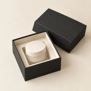 AI concept: charcoal cosmetic presentation box with an ivory interior and a light-coloured jar, alternate view.