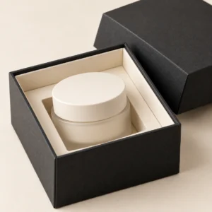 AI concept: charcoal cosmetic presentation box with an ivory interior and a light-coloured jar, detail view.