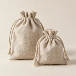 AI concept: two natural beige woven drawstring pouches with visible seams.