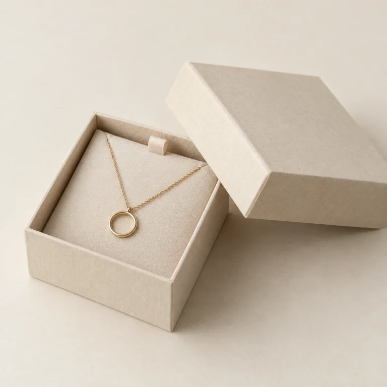 AI concept: ivory jewelry presentation box with a pendant necklace, catalog view.