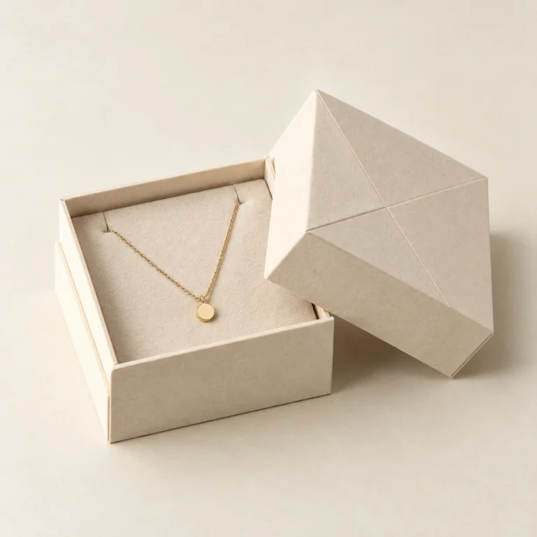 AI concept: an ivory lift-off jewelry box with a small pendant necklace on a fitted presentation pad.