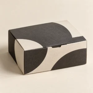 AI concept: ivory packaging with charcoal geometric printed shapes, catalog view.
