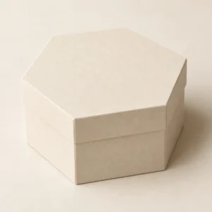 AI concept: ivory hexagonal presentation box with a separate lid, catalog view.