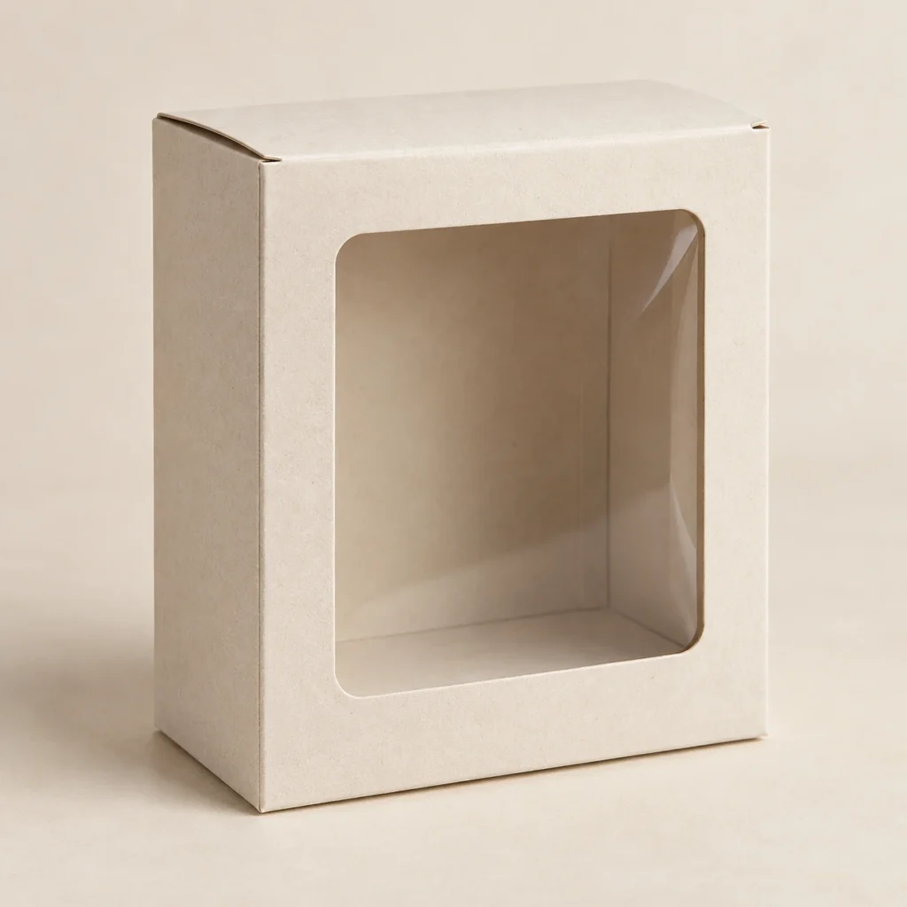 AI concept: ivory rectangular carton with a large front window, catalog view.