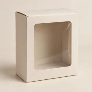 AI concept: ivory rectangular carton with a large front window, catalog view.