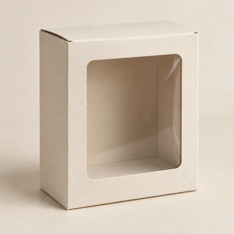 AI concept: ivory rectangular carton with a large front window, catalog view.
