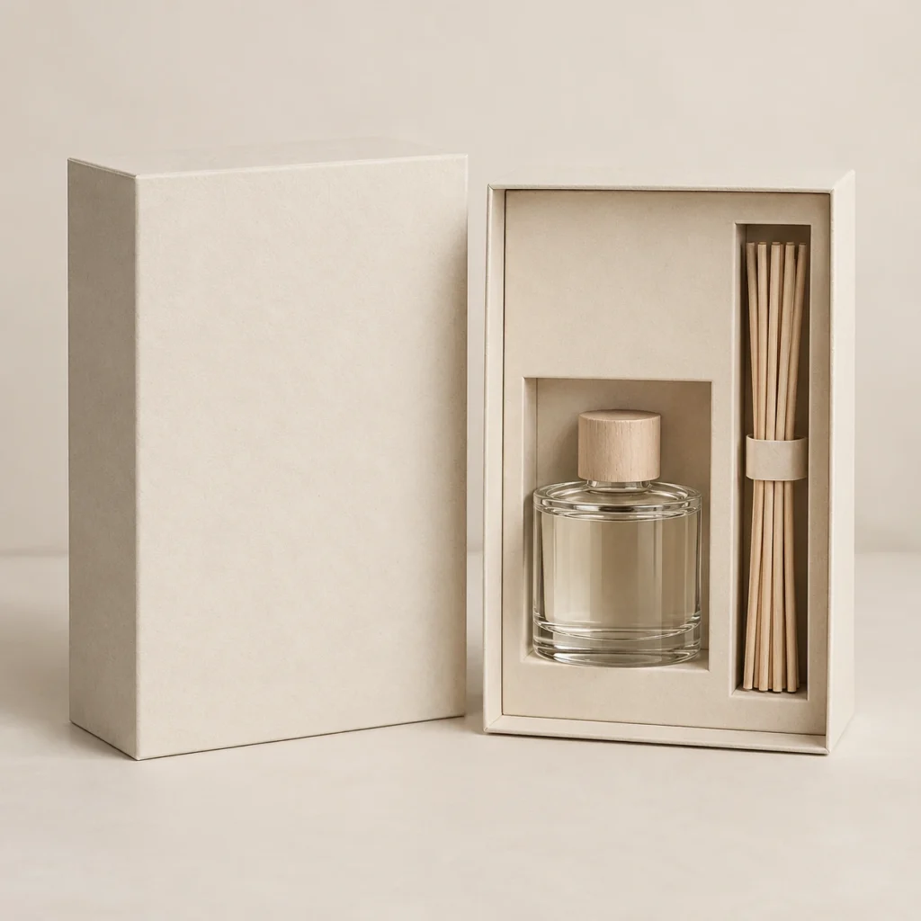 AI concept: ivory diffuser pack with fitted bottle and reed compartments, catalog view.