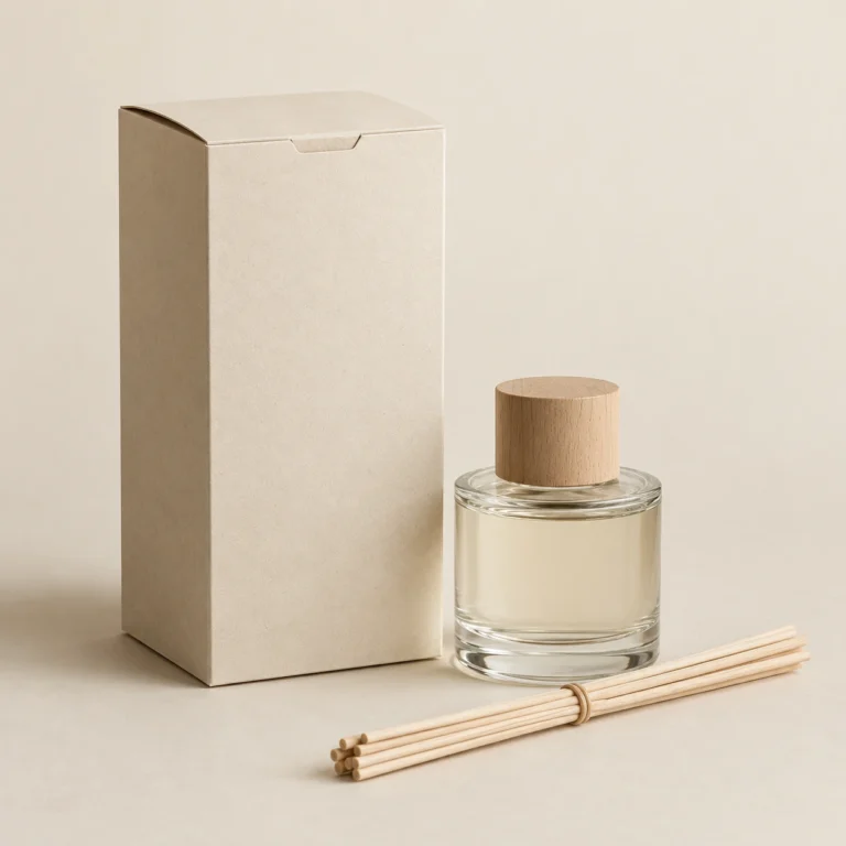 AI concept: tall ivory folding diffuser carton with a capped bottle and reeds, catalog view.