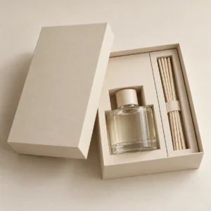 AI concept: ivory diffuser gift box with separate spaces for a bottle and reeds, catalog view.