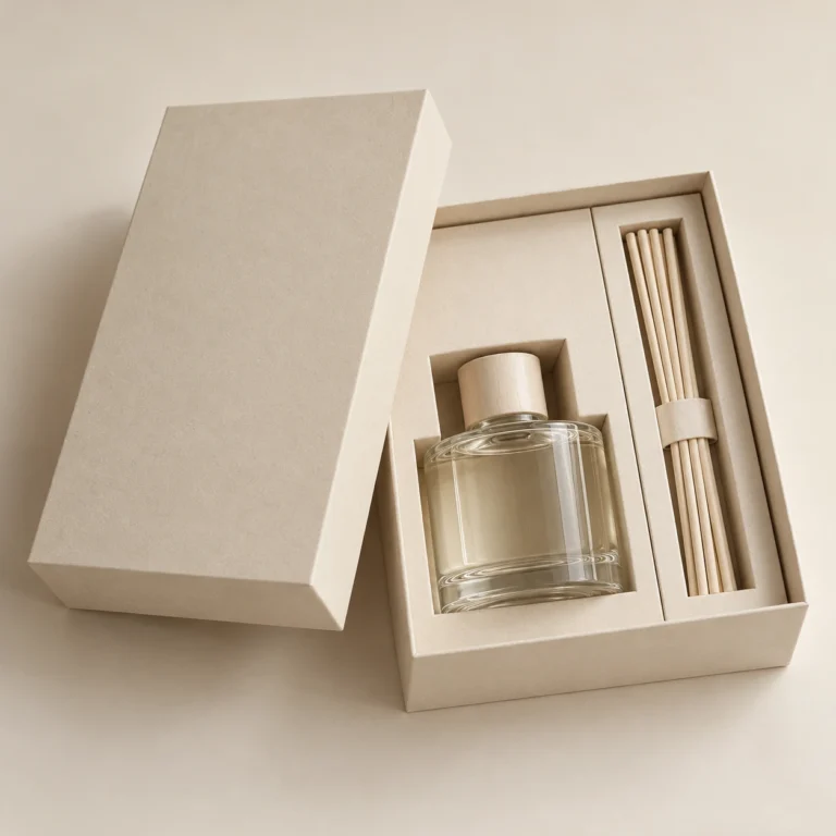 AI concept: ivory diffuser gift box with separate spaces for a bottle and reeds, catalog view.
