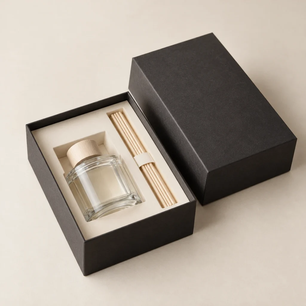 AI concept: charcoal diffuser presentation box with an ivory bottle-and-reed layout, catalog view.
