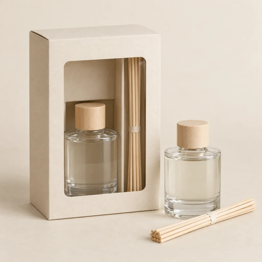 AI concept: ivory windowed diffuser carton with a bottle and reed bundle, catalog view.