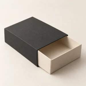 AI concept: charcoal sleeve with an ivory sliding drawer, catalog view.