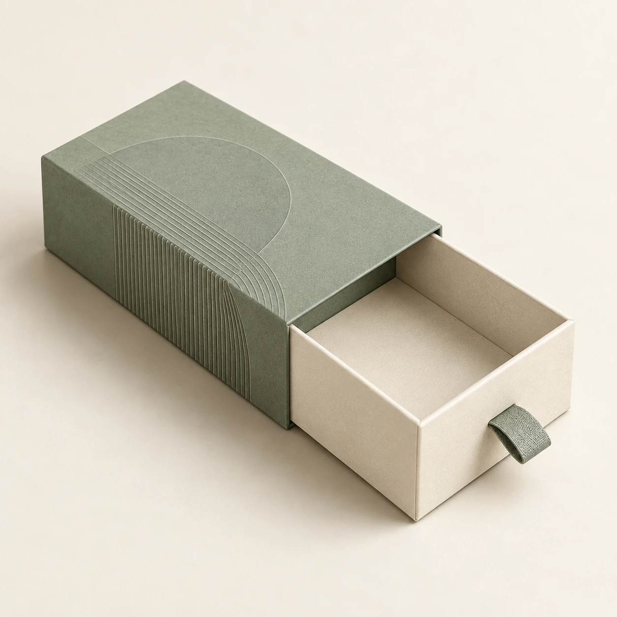 AI concept: alternate view of a sage drawer box with an ivory tray front and a small fabric pull tab.