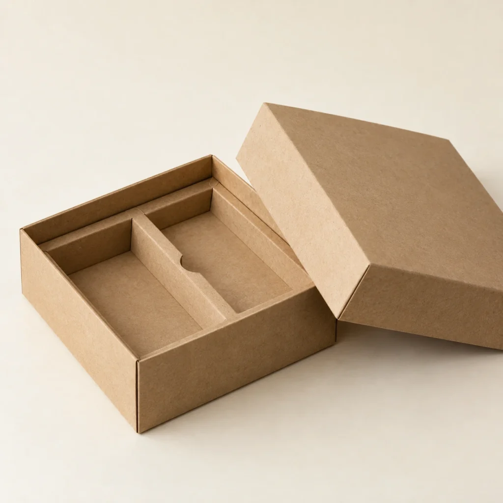 AI concept: brown presentation box with divided paper-style internal supports, catalog view.