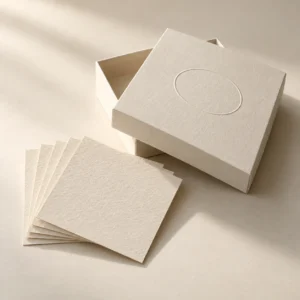 AI concept: an ivory box lid and paper samples with an unprinted oval relief.