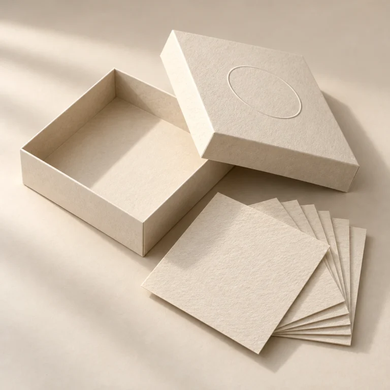 AI concept: alternate view of an ivory box lid and paper samples with an unprinted oval relief.